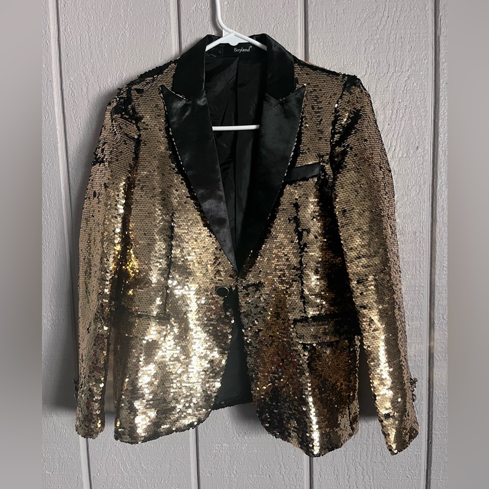 YOUTH Fashionable Tux Jacket Gold/Black Sequin Christmas Recital Concert Costume